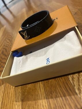 Louis Vuitton Black Leather Monogram Bracelet with Silver LV Charm